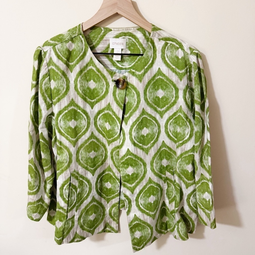 Chicos Womens Green 100% Linen Blazer Pockets Size 2 US Size Large Boho